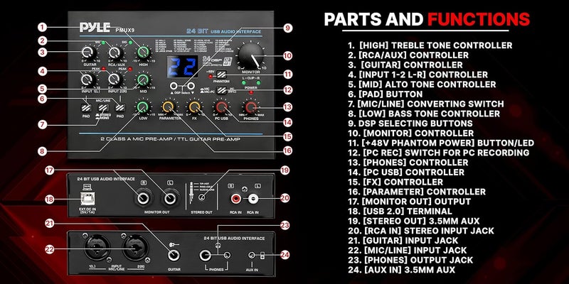 Pyle USB Audio Interface - MIC/LINE - Guitar - AUX Stereo & RCA Inputs - Preset 24 Digital Effects - Phantom Power - Phone/Stereo/Monitor/Headphone Outputs - For Computer Playing & Recording - PMUX9 - Image 2